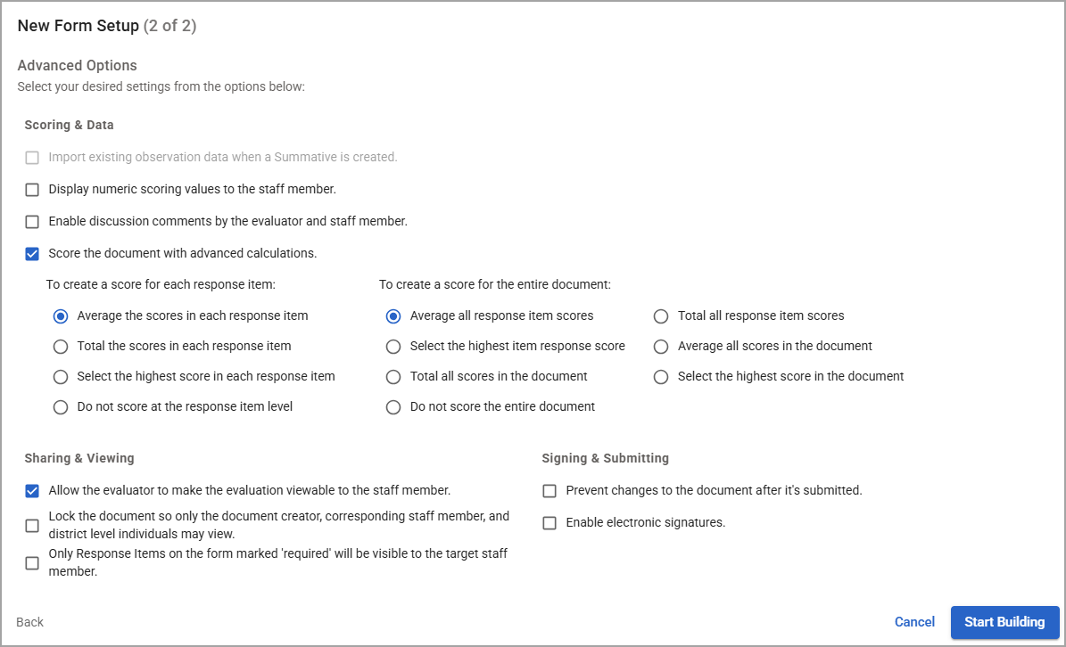 Advanced options for scoring and sharing settings in a form setup interface.